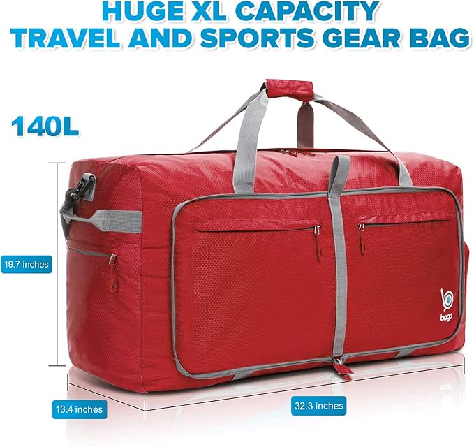 Bago Big XXL Foldable Duffel Bags for Traveling Women & Men - 140L Packable Duffle Bag for Travel with Shoe Compartment - Water Repellant, Heavy Duty, Lightweight Folding & Collapsible (Red)