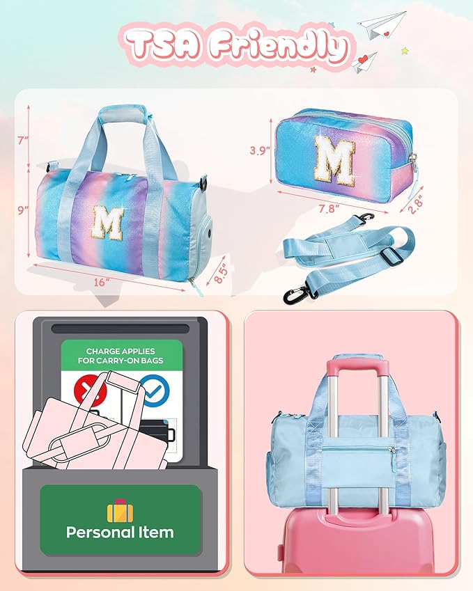 Birthday Gifts for 3 4 5 6 7 8 9 10 11 12 Year Old Girls-Girl Gym Bag with Shoe Compartment, Kid Personalized Weekender Overnight Bags, Initial Travel Tote with Makeup Pouch (Letter B)