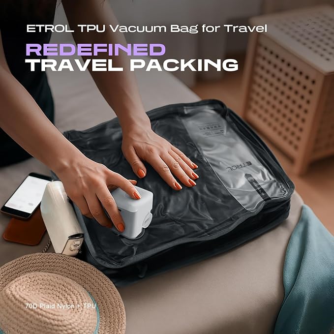 TPU Vacuum Bag for Travel, 70D Nylon Reusable Compression Bag with IP67 Waterproof Zipper, Compression Packing Cubes for Clothing, Space Saver Bags for Luggage and Backpack (Full Open, Grey,2Pcs)
