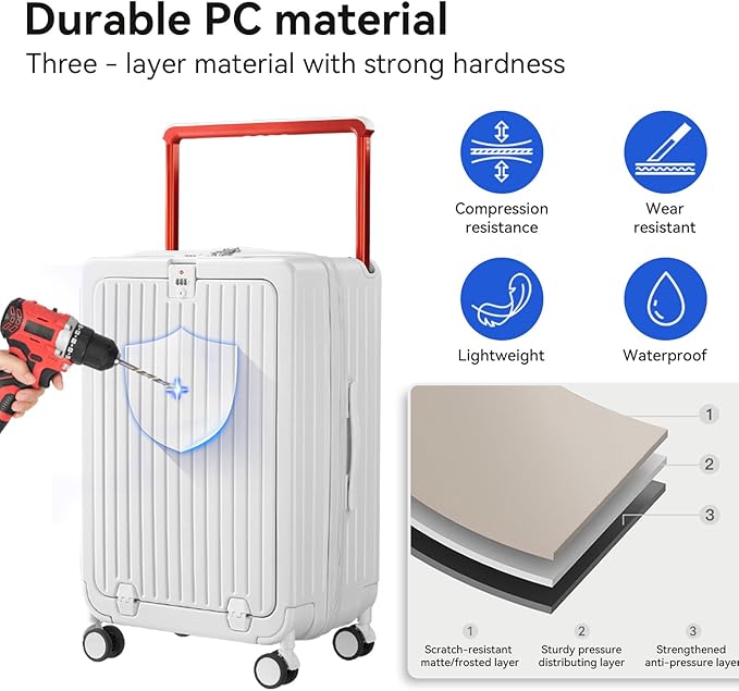 SOKOK Front Pocket Luggage Carry On with Spinner Wheels, Wide Handle Travel Suitcase PC Hardshell Durable Rolling Luggage for Business Trip with Charging Port and Cup Holder, White
