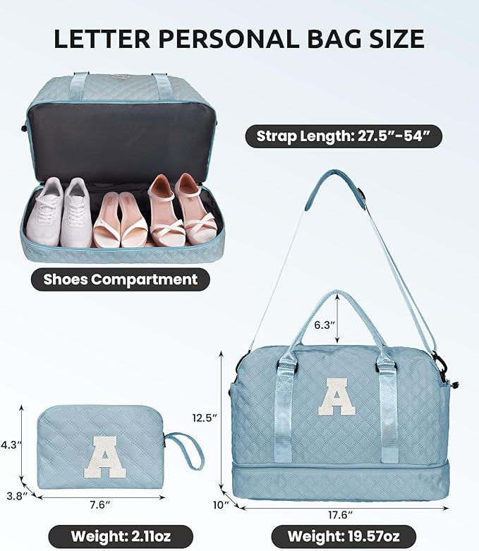 Voguewood Girl Duffle Bag for Tweens with Shoe Compartment, Monogrammed Overnight Travel Bag for Women, Including Wet Pocket & Trolley Sleeve (Letter K)