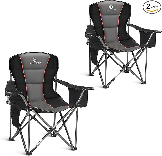 ALPHA CAMP Oversized Camping Chair Heavy Duty Lawn Chair with Cooler Bag Support 450 LBS Steel Frame Collapsible Padded Arm Quad Lumbar Back Folding Chair for Lawn Outdoor