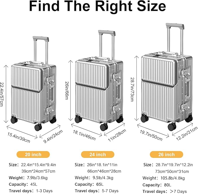 Zipperless Luggage, Polycarbonate Aluminum Hard Shell, Expandable Carry-On Suitcase with Spinner Wheels, Hard Shell Suitcase, 26 Inch Cabin