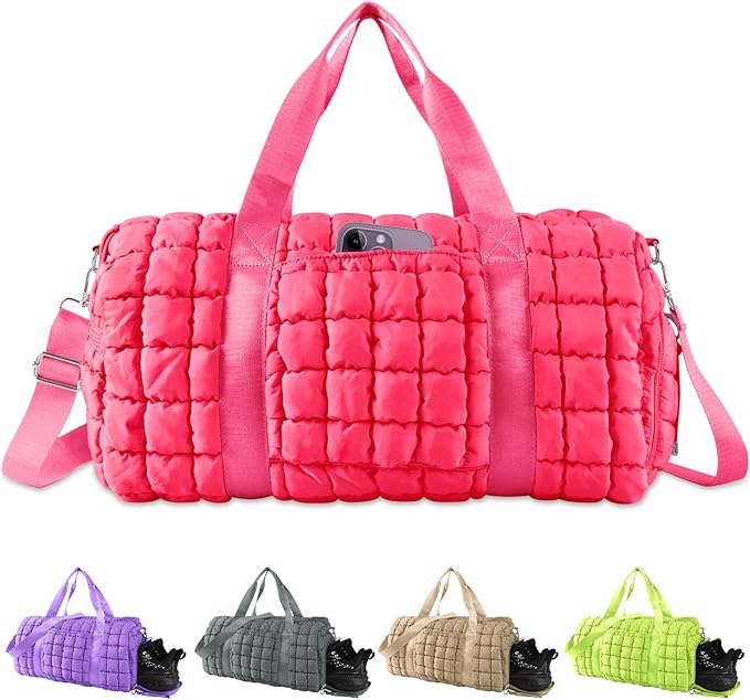 Quilted Travel Duffle Bag Gym Bag for Women,Large Puffer Duffle Weekender Bag with Compartment,Workout Overnight Carry on Organizer Bag Duffle Bag for Airplane Travel(Rosered)