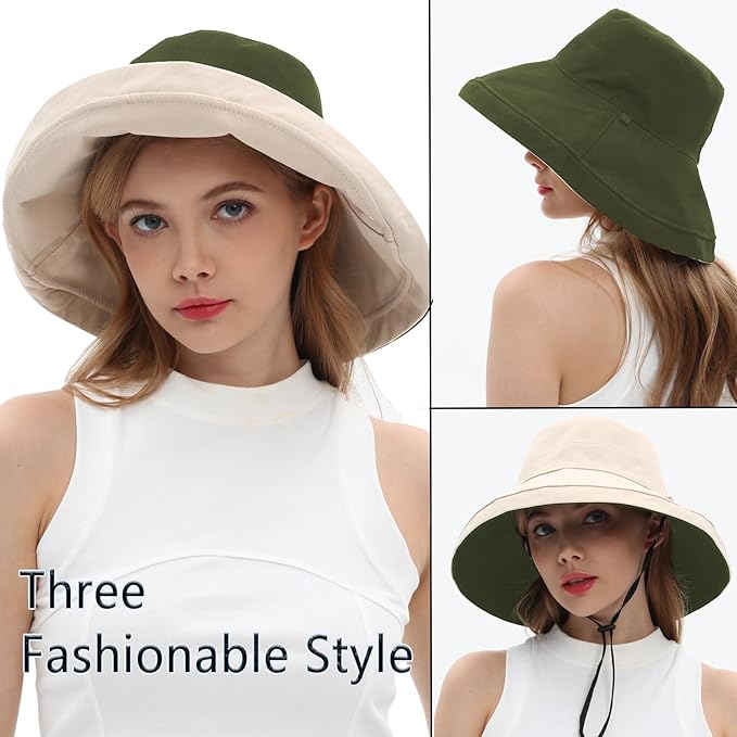 vidsel Womens Sun Hats Wide Brim Reversible Bucket Cotton Hat Packable Summer Travel Cap with Hat Clip,UV Protection
