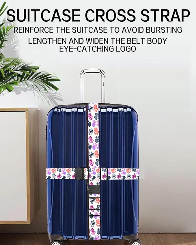 Luggage Straps for Suitcases, Adjustable Travel Belt, Durable Wide Luggage Strap, Cute Suitcase Strap Identifiers with Buckle, Bag Straps for Luggage, Cute Colorful Paws