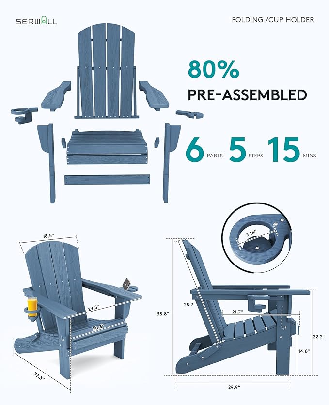 SERWALL Folding Adirondack Chair, HDPE Adirondack Chairs Set of 6, Plastic Outdoor Chairs- Looks Exactly Like Real Wood- Navy