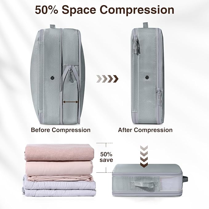 DIMJ Compression Storage Bags 8 Pack, 19L Clothes Storage Organizer for Blanket, Sweater, Closet, Sheet Storage Organizer Compression Packing Cubes for Sheet Bedding Toys Storage with Zipper(Gray)