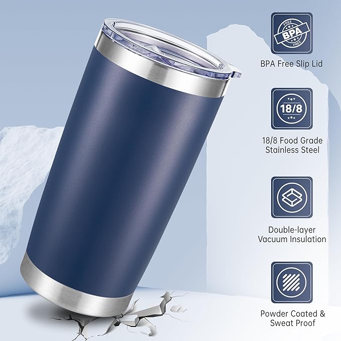 20 oz Tumblers Bulk Stainless Steel Tumbler with Lid Double Wall Vacuum Insulated Coffee Mug 20oz Powder Coated Cup for Hot and Cold Drinks, Navy, 12 pack