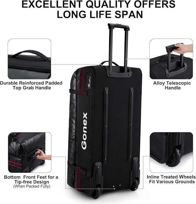 Gonex Rolling Duffle Bag with Wheels, 100L Water Repellent Large Wheeled Travel Duffel Luggage with Rollers 33 inch, Black