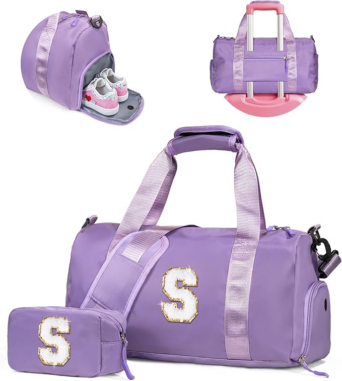 Cool Stuff for Teen-Girl Gym Bag with Shoe Compartment, Kid Personalized Weekender Overnight Bags, Initial Travel Tote with Makeup Pouch, Gift for 7 8 9 10 11 12 Year Old Girls (Letter S)