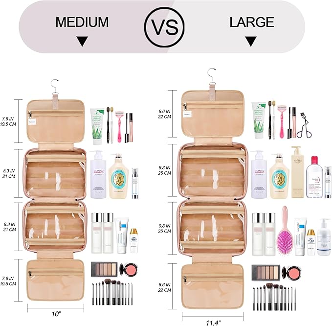 Travel Hanging Toiletry Bag for Women, with Jewelry Organizer Compartment, Medium Waterproof Hanging Makeup Accessories, Cosmetic Essentials, Toiletries Dopp Kit Set with Trolley Belt, Baby Pink
