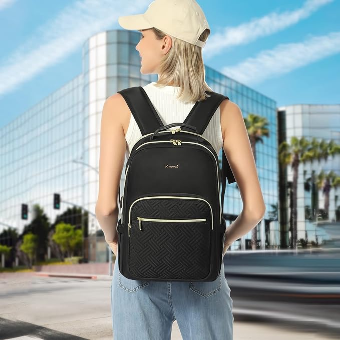 LOVEVOOK Laptop Backpack for Women, Stylish Quilted Backpacks Purse for Business Work Travel, Computer Bags Bag, with USB Port fits 15.6-inch Laptop, Black