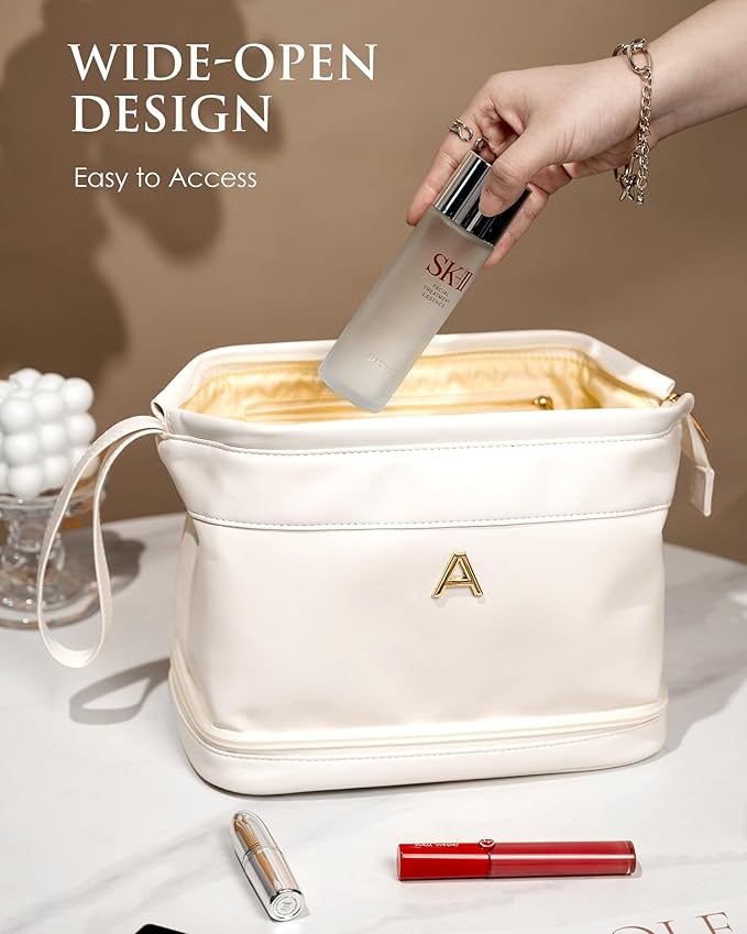 Gifts for College Girls-Initial Makeup Bag, Personalized Double Layer Cosmetic Bag with Makeup Brush Organizer, Waterproof, Large Capacity Travel Toiletry Bag Retirement Gifts, Daughter Gifts