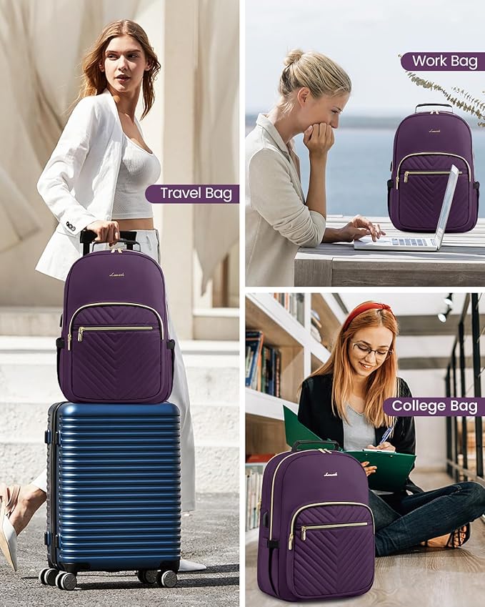 LOVEVOOK Laptop Backpack Purse for Women, Work Travel Computer Bags, College School Backpack for Student Girl, Quilted Casual Daypack with USB Port, Fit 15.6 Inch Laptop, Deep Plum