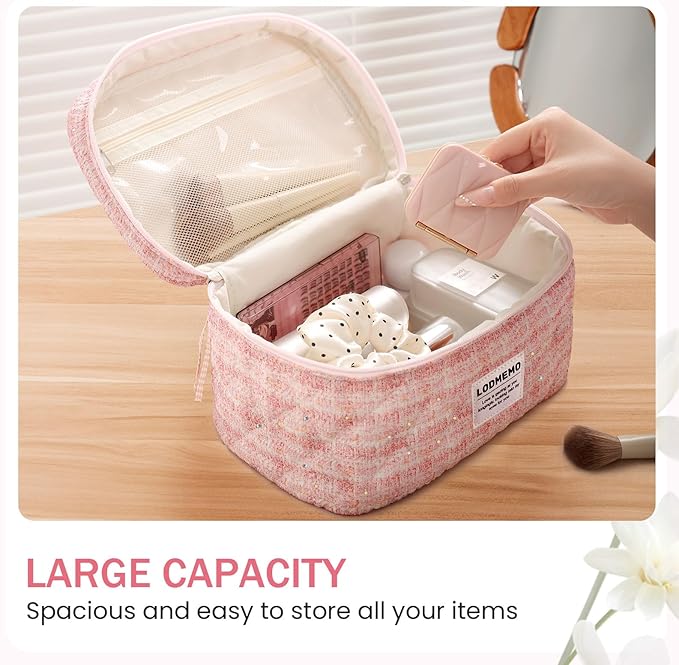 Makeup Bag 3 PCS Quilted Cosmetic Bags for Women, Large Travel Make up Bag Set Cute Cotton Toiletry Bag Organizer Pouch for Purse, Pink