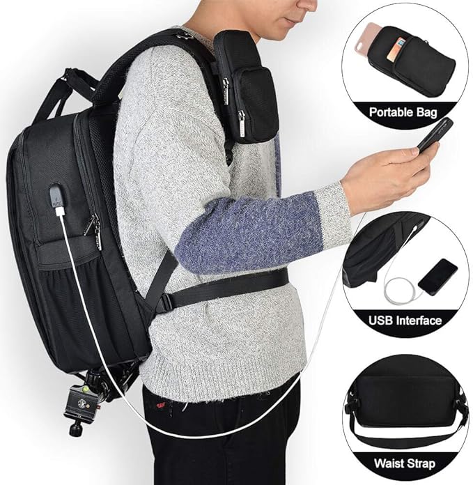 CADeN DSLR Camera Backpack Bag Waterproof Anti Theft with 15.6 inch Laptop Compartment, USB Charging Port, Tripod Holder, Rain Cover, Inner Case, Compatible for Sony Canon Nikon Olympus Black
