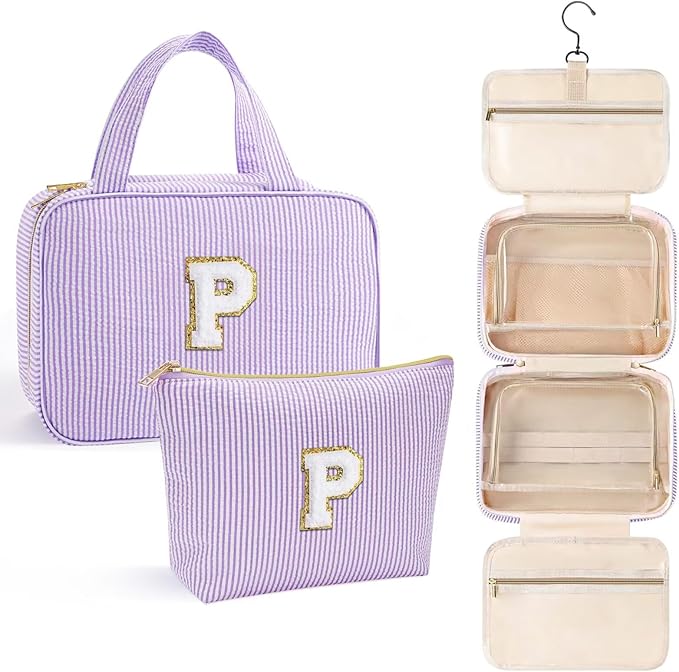 YOOLIFE Hanging Toiletry Bag for Women - Travel Toiletry Bag Makeup Bag, Portable Toiletries Cosmetic Bag, Airplane Travel Essentials - Letter P, Purple