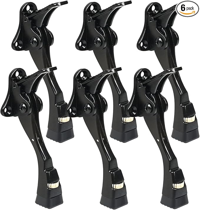 6 Packs Black Door Stops, Heavy Duty Kickdown Door Stopper, One Touch Adjustable Kickdown Door Stop for Heavy Doors, 4 in Metal Door Kickstand with Rubber Tip & Wall Protectors for Wide Doors