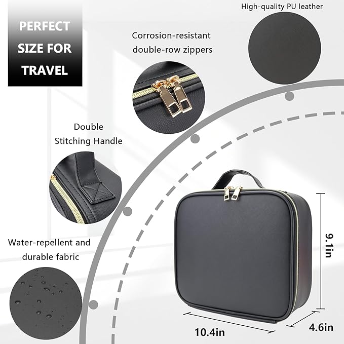 Travel Makeup Bag for Makeup Artists Large Makeup Case,with Mirror 3 Color Setting and Detachable 10x Magnifying Mirror Travel Makeup Bag,Portable Storage and Adjustable Dividers（black）