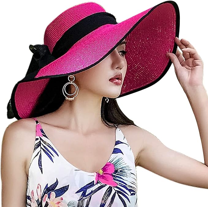 DRESHOW Beach Hats for Women Big Straw Wide Brim Summer Hat Floppy Foldable Roll up Cap Sun Hat UPF 50+