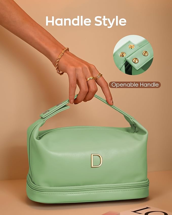 College Gifts for Women, Personalized Makeup Bag with Handle, Initial Double Layer Cosmetic Bag with Makeup Brush Organizer, Cute Cosmetic Pouch for Women, Gifts for Friends Female Mom