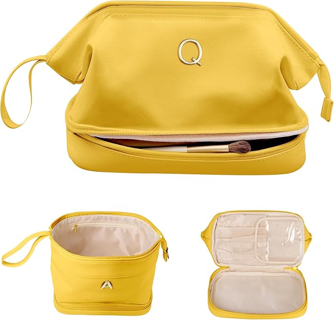 Womens Gifts, Initial Makeup Bag, Travel Gifts, Personalized Bags, Waterproof Double Layer Cosmetic Bag, Large Capacity PU Leather Makeup Bags Letter Travel Toiletry Bag, Friend Gifts