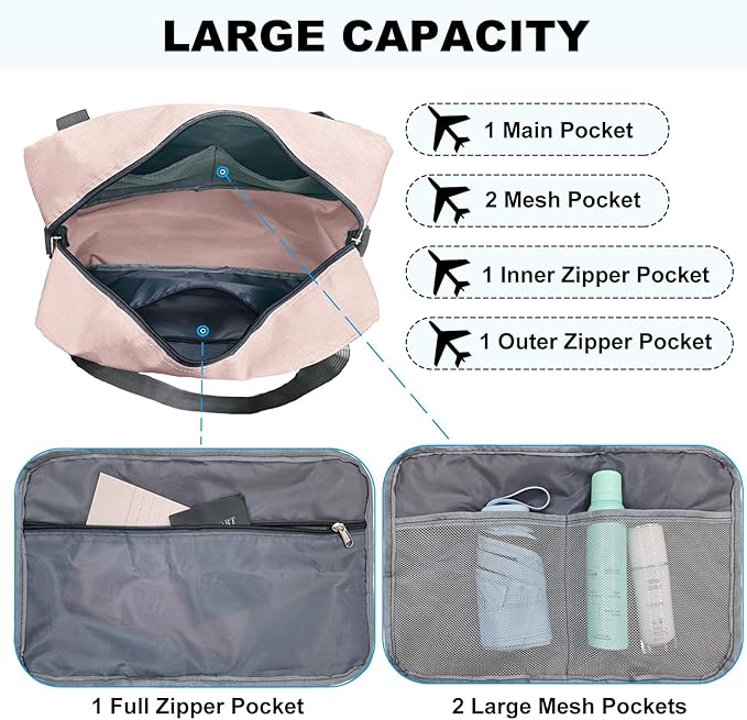 Foldable Carry on Luggage Bag 22x14x9 Personal Item Bag for Airplanes Travel Duffel Bags for Women and Men (40L, Pink)