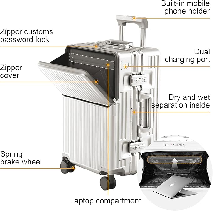 2-Piece Hardshell Zipperless Luggage Set, 20/26" Aluminum Frame Hardshell Spinner Luggage, Airline Approved Carry-On Luggage, TSA Lock, 360° Quiet Wheels With Cup Holder (White)