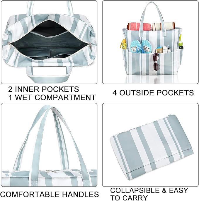 LEDAOU Beach Bag Waterproof Sandproof Women Tote Bag Pool Bag with Zipper for Gym Grocery Travel with Wet Pocket