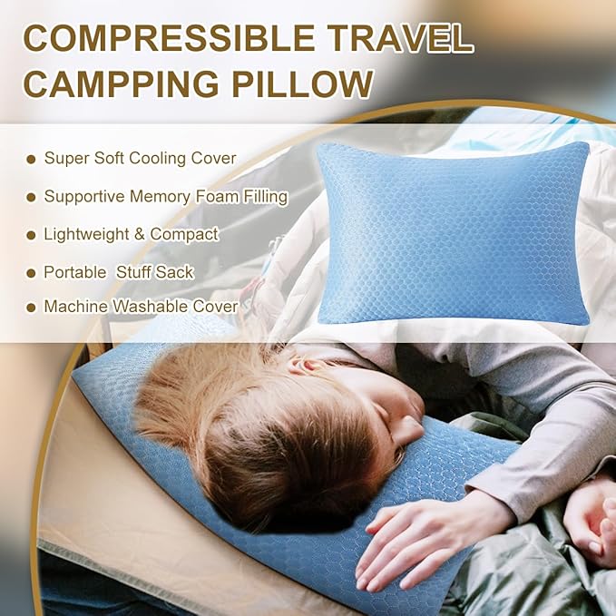 Ivellow Travel Pillow Cooling Camping Pillow for Sleeping Compressible Shredded Memory Foam Pillow Compact Firm Supportive Pillow for Adults Kids Outdoor Backpacking Hiking Essential Gear Blue S