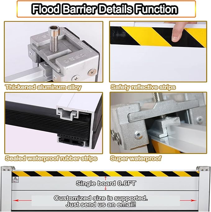 Reusable Flood Barrier, 3/4/5/6/7/8/9/10/11/12/13ft Long Heavy Duty Aluminum Water Barrier Shield for Sliding Glass Door/Driveway/Home Doorway, Removable Stopper Shield with Rubber(H 1.3ft