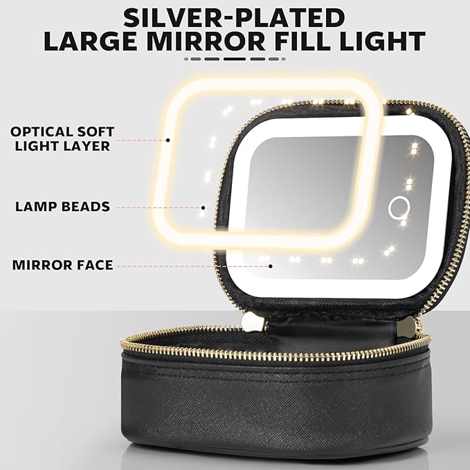 Small Makeup Bag Travel Train Case with Mirror and Light Mini Travel Make up for Women Train Case Cosmetic Organizer 3 Adjustable Brightness Toiletry Bag Portable Artist Storage