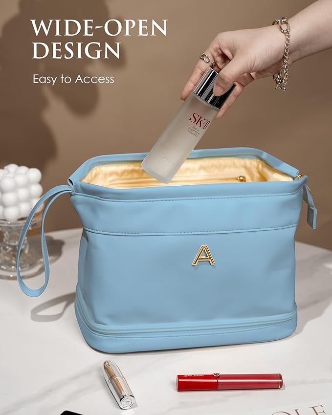 Personalized Gifts, Initial Makeup Bag, Personalized Double Layer Cosmetic Bag with Makeup Brush Organizer, Large Capacity PU Leather Travel Toiletry Bag Bride Gifts, Bridal Party Gifts