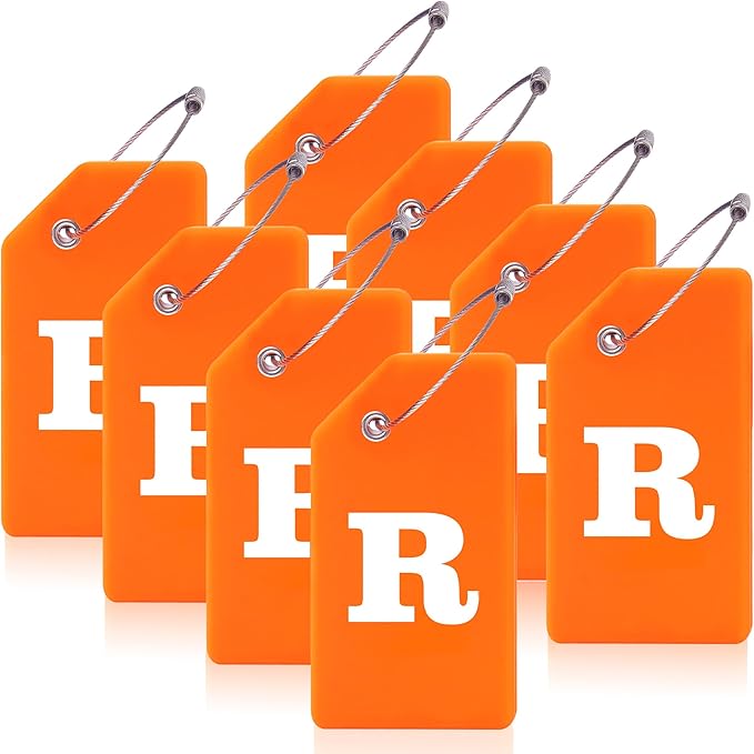 8 Pcs Luggage Tags for Suitcases, 26 Initial Letter Travel Luggage Baggage Identification Labels ID Tags Fully Bendable Tags with Stainless Steel Loop (Letter R, Orange)