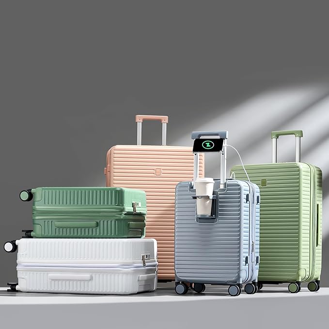 Hard Shell Suitcases Expandable Travel Luggage Sets 2 Piece, Carry on and Check in Luggage Lightweight Suitcase Set 2 Piece with Wheels Cup Holder Charger Built in (White, 20/28)