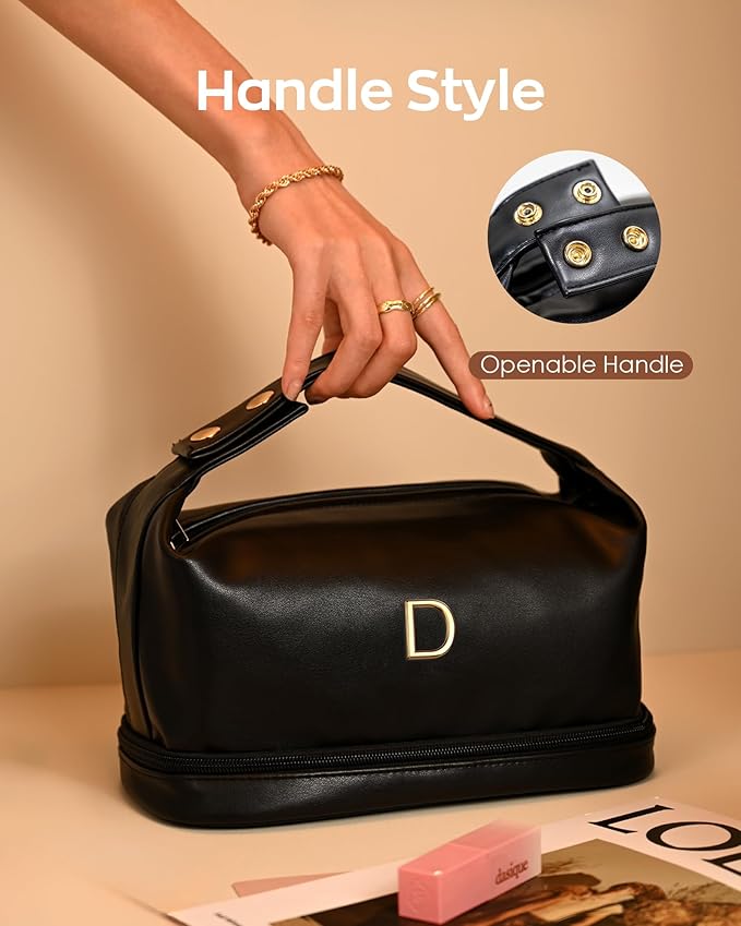 Birthday Gifts for Her Personalized Makeup Bag with Handle, Travel Gifts for Women-Cosmetic Bag with Makeup Brush Organizer, PU Leather Travel Toiletry Bag, Bachelorette Gifts for Bride