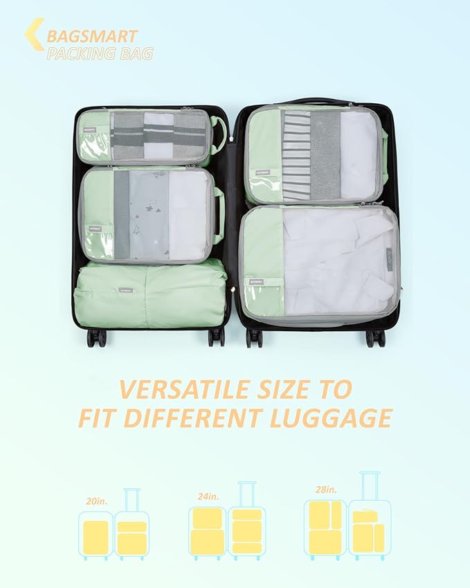 BAGSMART 6 Set Compression Packing Cubes - Lightweight Travel Essentials, Durable Luggage Organizer