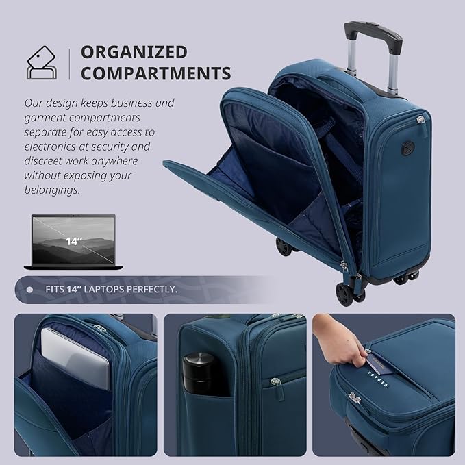 Verage Underseat Carry On Luggage with Wheels, 14.5-Inch Spinner Small Suitcase, Softside Lightweight Travel Bag for Men and Women, Airplane Carry On Bag, Nautical Blue