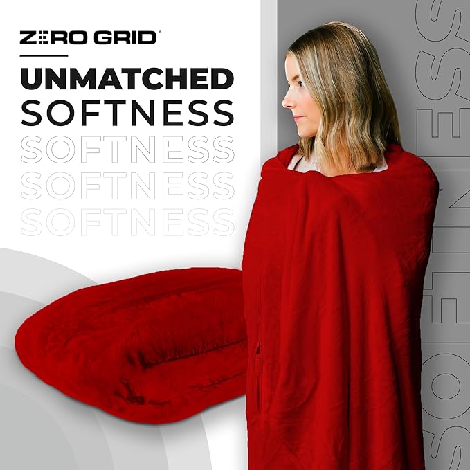 Lightweight Travel Blanket - Premium & Compact Airplane Wearable Blanket with Neck Snaps, Cozy Foot Pockets, Zipper Pouch - Converts into Soft Pillow - Designed for Ultimate Comfort - Scarlet