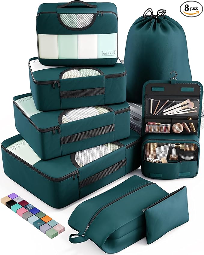 Veken 8 Set Packing Cubes for Travel Essentials, Suitcase Organizer Bags in 4 Sizes, Carry-On Luggage Accessories with Large Laundry & Hanging Toiletry Bag, Must-Have for Airplane, Road Trip & Camping