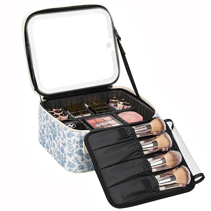 Relavel Travel Makeup Bag with LED Mirror, Portable Cosmetic Train Case with 3 Color Lighted Brightness Mirror, Makeup Artist Organizer Storage with Adjustable Dividers Make Up Box - Blue Flower