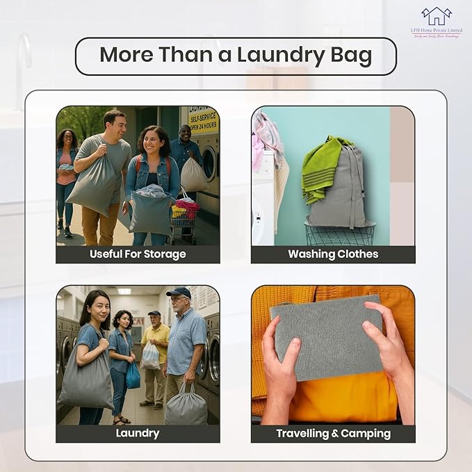 LFH Home Cotton Canvas Large Laundry Bag with Handle, Heavy Duty Drawstring Closure Washable Laundry Bags, School Travel, Home, Hotel, College Dorm, Organizer Sack, Toys Clothes 28x40 (Pack of 2)-Grey