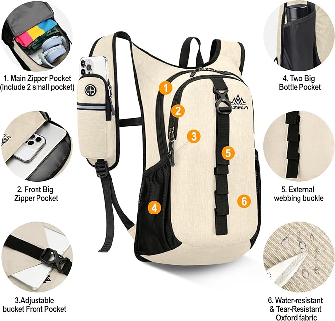 Seektop 15L Small Hiking Backpack for Women Men, Foldable Packable Backpack with Phone Pocket, Lightweight Travel Daypack for Hiking Camping Outdoor (Beige)