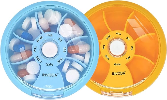 INVODA Weekly Pill Organizer 7 Compartment Rotating Pill Box for Daily Medication & Vitamins - Portable Travel Pill Case Fish Oil Supplements Vitamins Organizer (Blue+Orange)