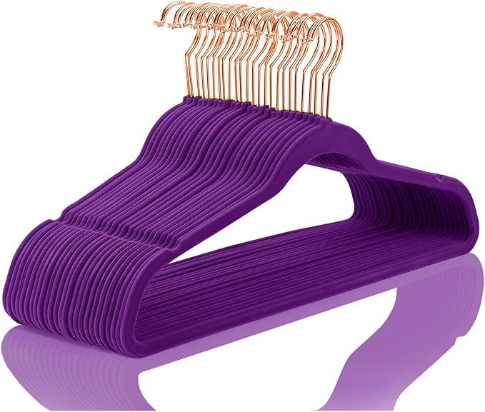 MIZGI Premium Velvet Hangers (50 Pack) Heavy Duty - Non Slip Felt Hanger - Velvet Suit Hangers Dark Purple - Rose Gold Hooks,Space Saving Clothes Hanger