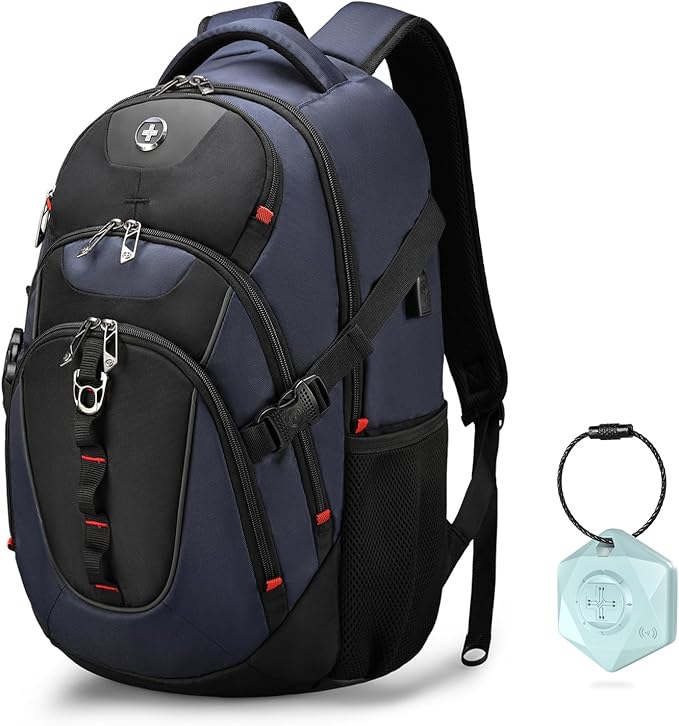 Swissdigital Design Travel Backpack for Men with Apple Find My, Laptop Backpack with USB Charging Port, RFID Protection, Add-A-Bag System - Travel Backpack for Men