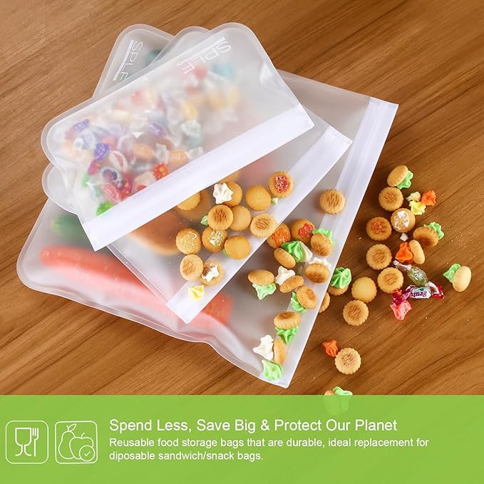 SPLF 6 Pack Dishwasher Safe Reusable Gallon Freezer Bags, BPA FREE Extra Thick Reusable Storage Bags Leakproof Silicone and Plastic Free for Marinate Meats, Cereal, Sandwich, Snack, Travel Items
