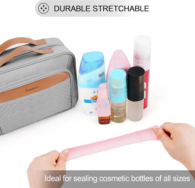 Travel Hanging Toiletry Bag for Women and Men, with 8 Leak Proofing Silicone Bottle Covers, Waterproof Makeup Accessories, Cosmetic Essentials, Toiletries Dopp Kit Set with Jewelry Organizer, Grey