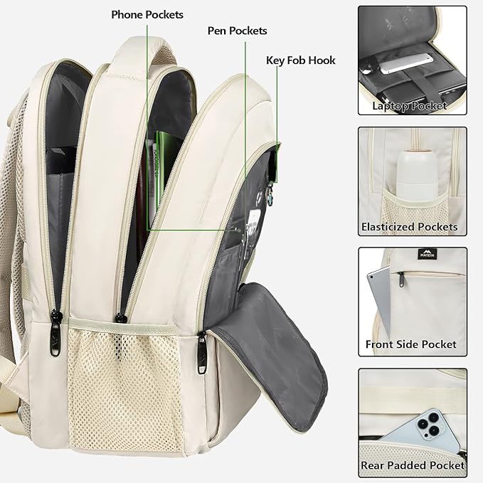 MATEIN Beige Laptop Backpack 15.6 Inch, Lightweight Sturdy Bag for College Supplies with USB Charging Port, Water Resistant Anti Theft Travel Computer Daypack Fashion Work Nurse Bag Gift for Women